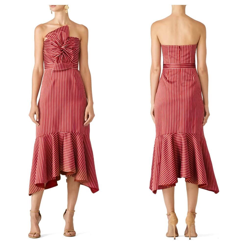 AMUR Red and White Striped One-Shoulder Midi Dress